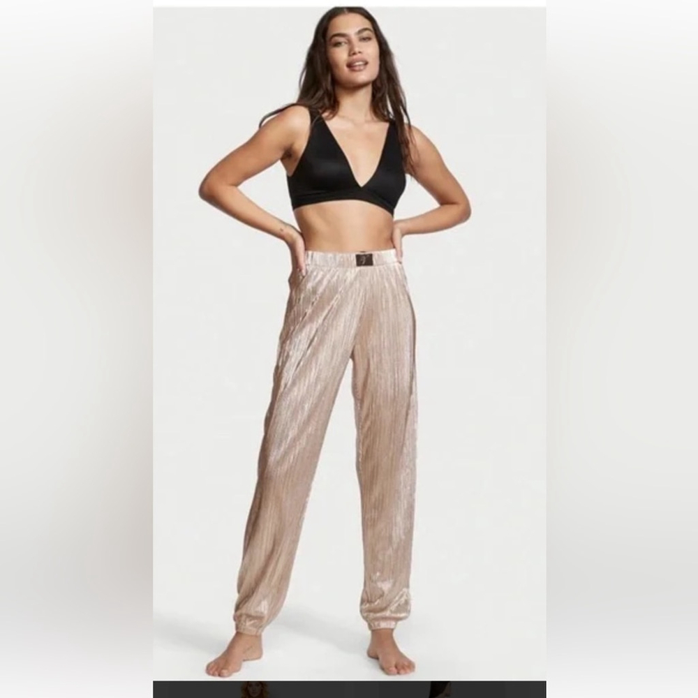 Victoria's Secret Metallic Pleated Joggers in Rose Gold